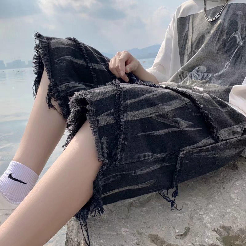 Traper kratke hlače s tie-dye - labav kroj, srednji pojas, zip, 68% pamuk