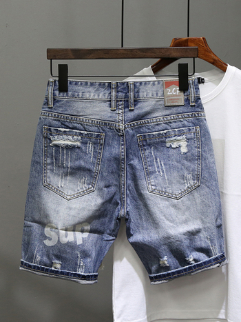 Șorturi denim pentru bărbați, slim-fit, uzură/distressed, talie medie, stil coreean, hip-hop