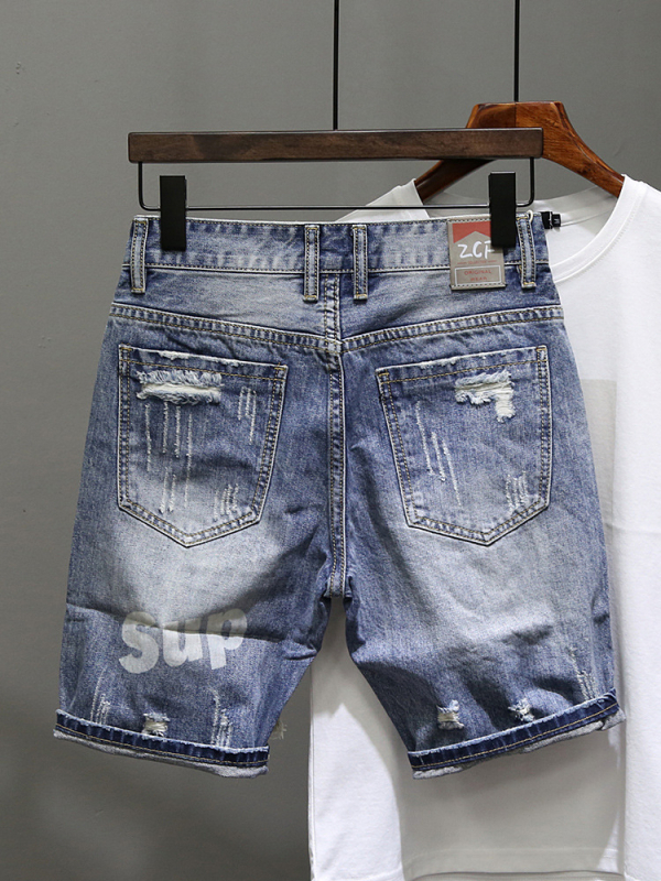 Șorturi denim pentru bărbați, slim-fit, uzură/distressed, talie medie, stil coreean, hip-hop