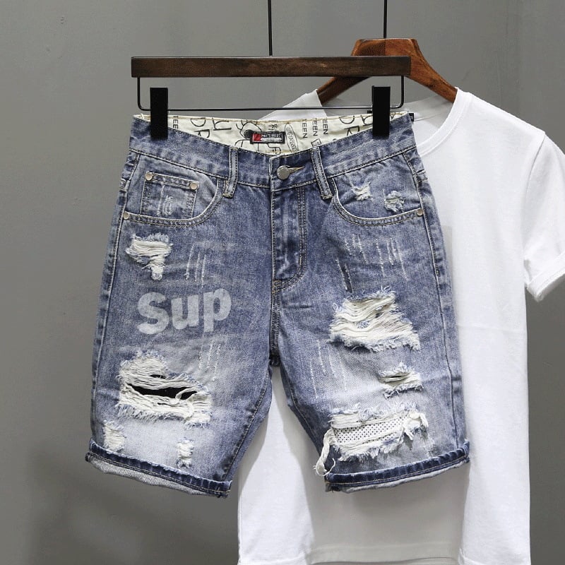 Șorturi denim pentru bărbați, slim-fit, uzură/distressed, talie medie, stil coreean, hip-hop