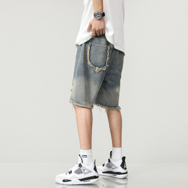Muške traper kratke hlače, slobodan kroj, poderani detalji, pamuk, High Street stil