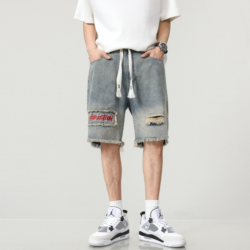 Muške traper kratke hlače, slobodan kroj, poderani detalji, pamuk, High Street stil