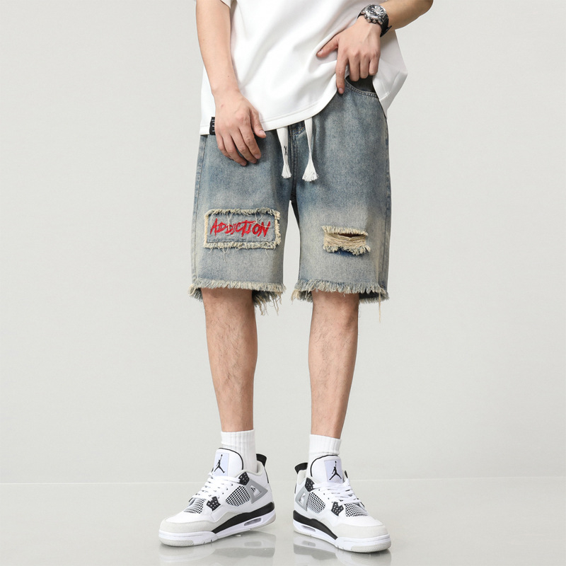 Muške traper kratke hlače, slobodan kroj, poderani detalji, pamuk, High Street stil