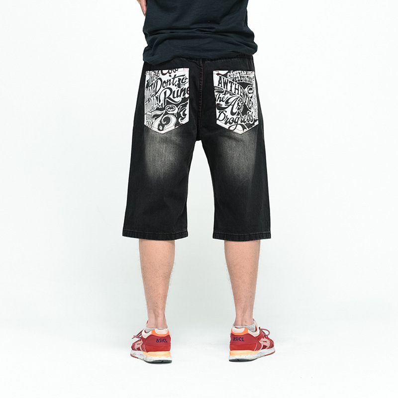 Hiphop i skateboardhlače, visoki struk, cropped kroj, denim od pamuka s digitalnim otiskom, 65% pamuk