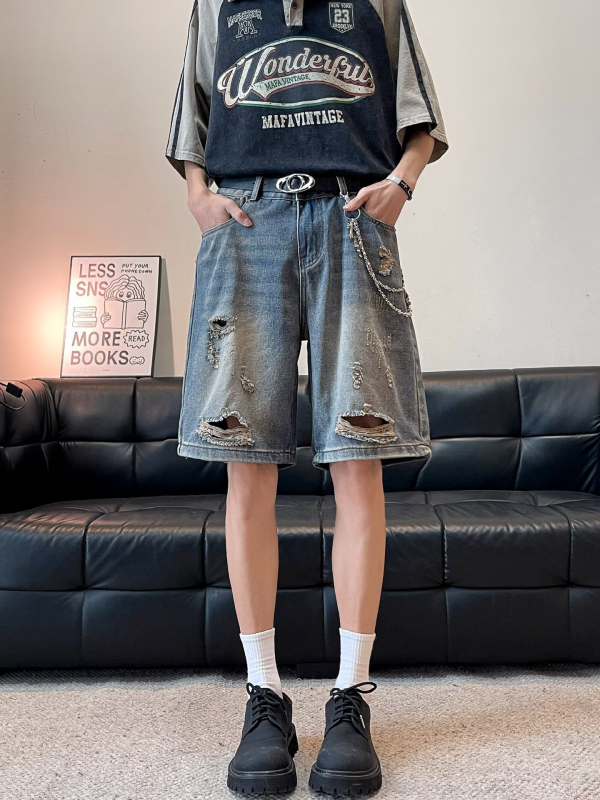 Vintage izlizane traper kratke hlače - visokim strukom, slobodan kroj, izlizani izgled, ljeto (denim, visokim strukom, slobodan kroj, izlizani izgled, ljeto)