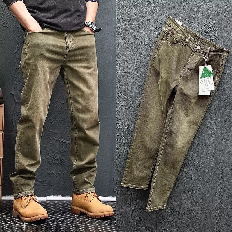 Férfi egyenes szabású farmernadrág, középmagas derekú, cipzáras zárás, magas rugalmasság, könnyű anyag