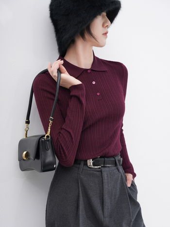 Ženski pulover od Merino vune s polo ovratnikom, pulover stil, dugi rukavi, normalna duljina 50-65 cm, srednja debljina, 95%+ Merino vuna
