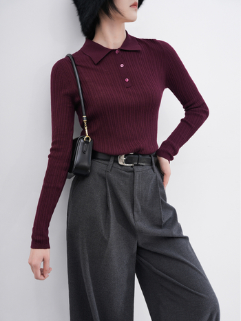 Ženski pulover od Merino vune s polo ovratnikom, pulover stil, dugi rukavi, normalna duljina 50-65 cm, srednja debljina, 95%+ Merino vuna