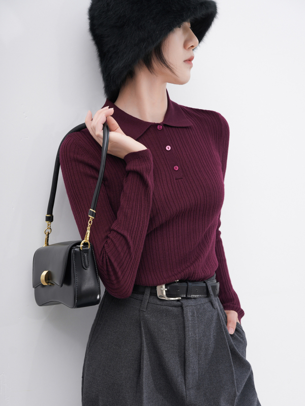 Ženski pulover od Merino vune s polo ovratnikom, pulover stil, dugi rukavi, normalna duljina 50-65 cm, srednja debljina, 95%+ Merino vuna