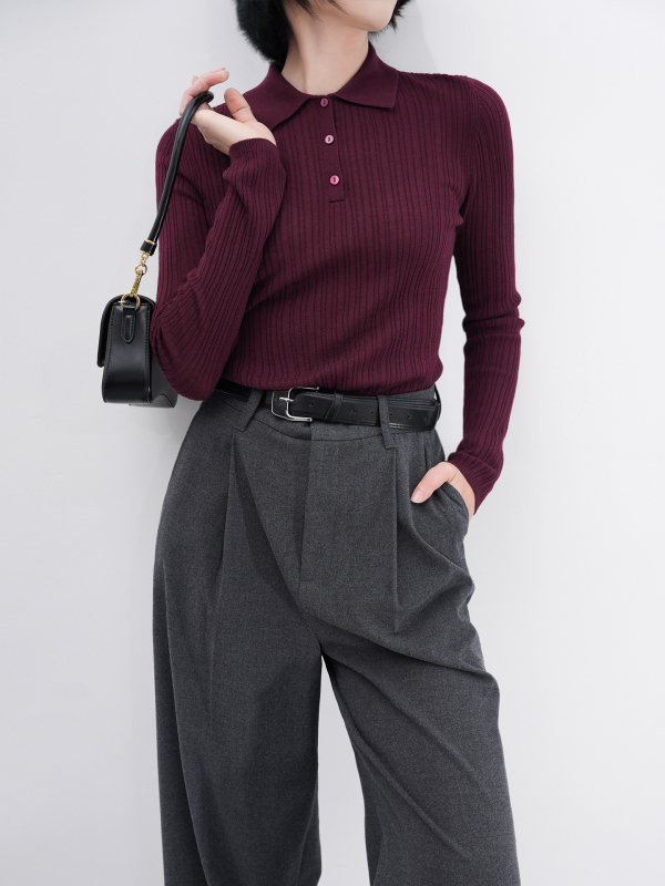 Ženski pulover od Merino vune s polo ovratnikom, pulover stil, dugi rukavi, normalna duljina 50-65 cm, srednja debljina, 95%+ Merino vuna