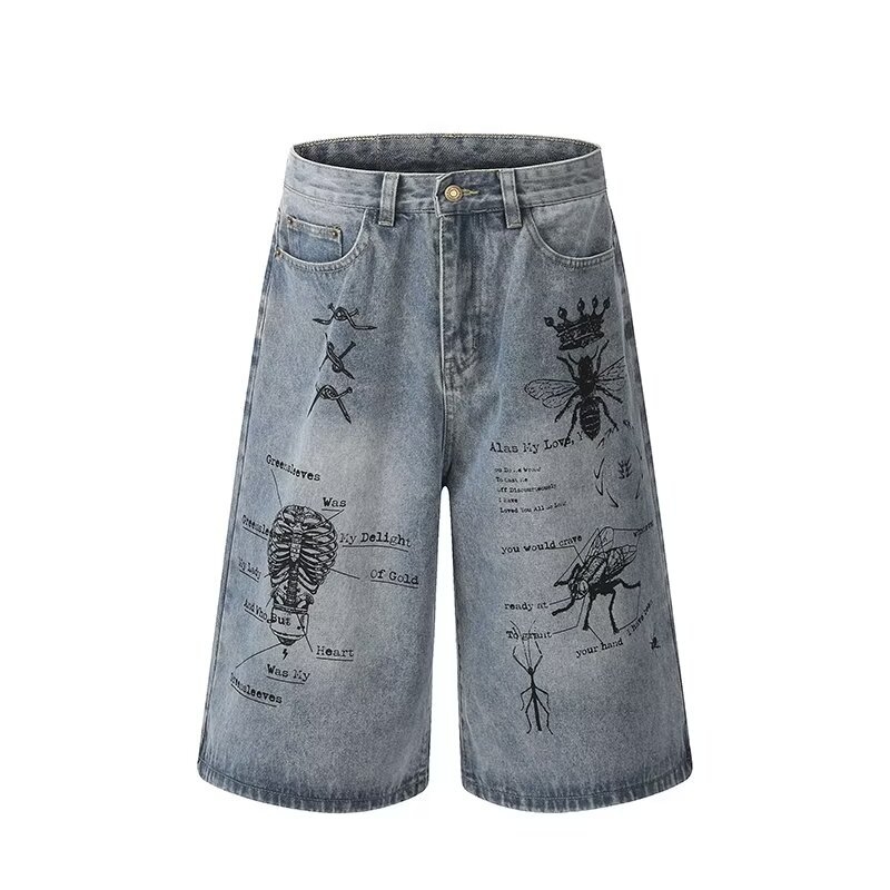 Unisex kapri traper šorc - labav kroj, ravne nogavice, srednji pojas, pamučni kaubojski denim, zakrpe dekor, ljeto 2025
