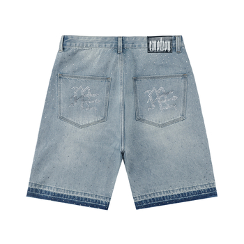 Muški denim šorc s Rhinestone, ispran i izlizan, slobodan ravni kroj, srednji pojas, ziper
