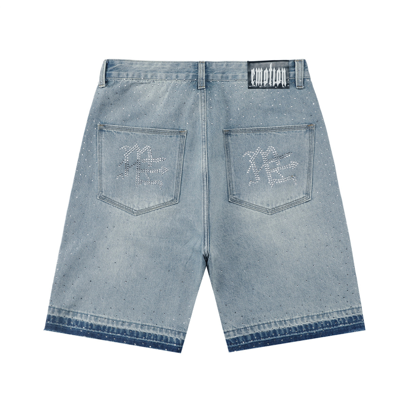 Muški denim šorc s Rhinestone, ispran i izlizan, slobodan ravni kroj, srednji pojas, ziper