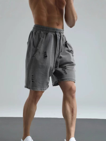 Muške šorceve hip-hop stila, izdubljene rupe i vintage pranje, duljina do sredine bedra, korejski stil, visoka elastičnost, 96% pamuk