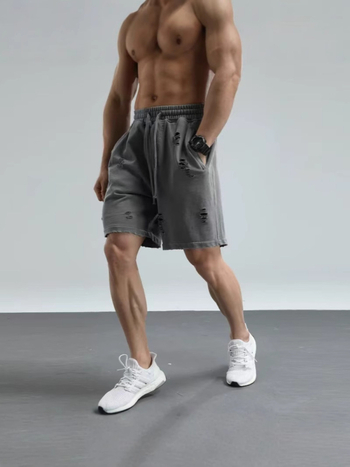 Muške šorceve hip-hop stila, izdubljene rupe i vintage pranje, duljina do sredine bedra, korejski stil, visoka elastičnost, 96% pamuk