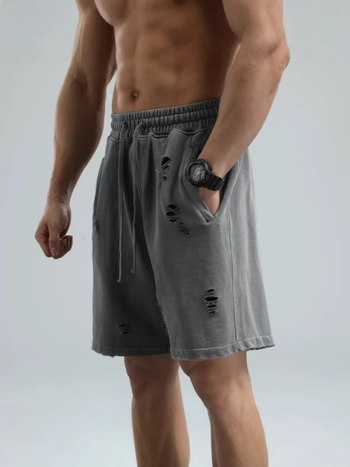 Muške šorceve hip-hop stila, izdubljene rupe i vintage pranje, duljina do sredine bedra, korejski stil, visoka elastičnost, 96% pamuk