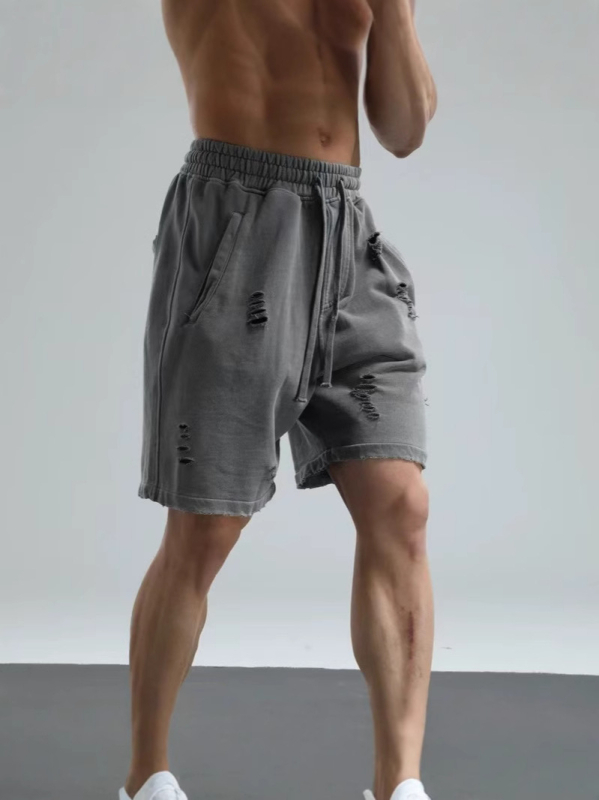 Muške šorceve hip-hop stila, izdubljene rupe i vintage pranje, duljina do sredine bedra, korejski stil, visoka elastičnost, 96% pamuk