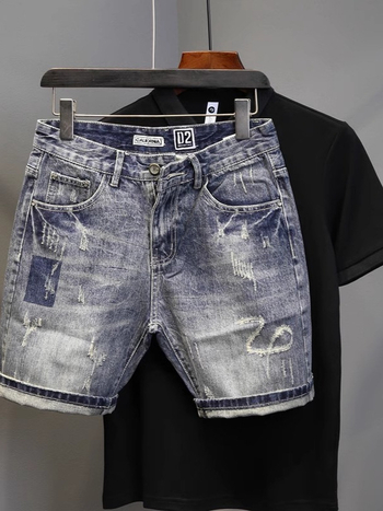 Muške traper šorceve, uski kroj, poderotine, korejski streetwear stil, ljeto, poliester smjesa