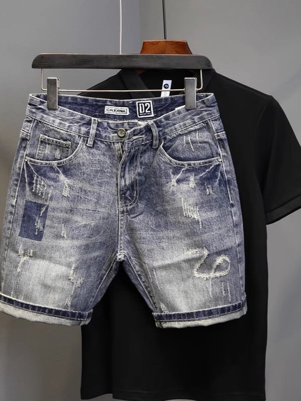 Muške traper šorceve, uski kroj, poderotine, korejski streetwear stil, ljeto, poliester smjesa