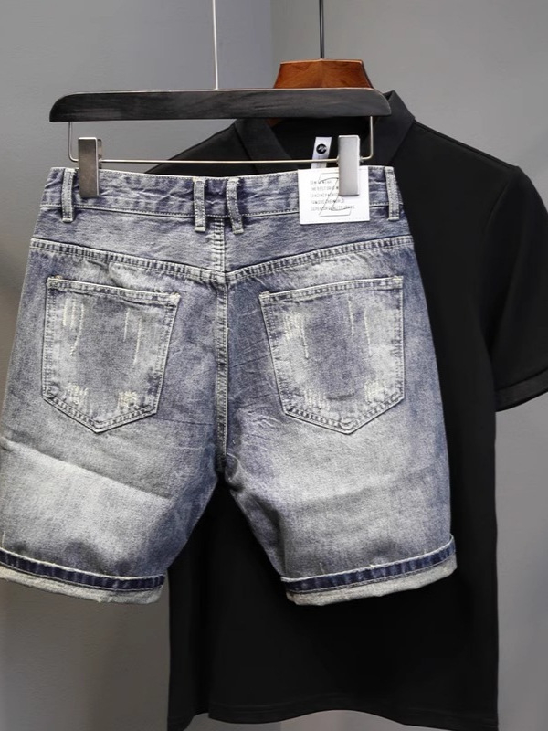Muške traper šorceve, uski kroj, poderotine, korejski streetwear stil, ljeto, poliester smjesa