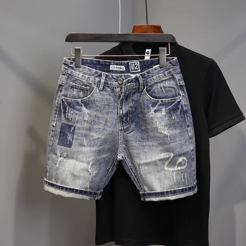 Muške traper šorceve, uski kroj, poderotine, korejski streetwear stil, ljeto, poliester smjesa
