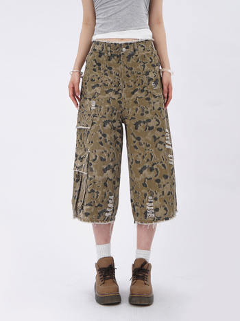 Capri hosszú egyenes nadrág, pamut, kopott leopárd mintázat, kőmosott, mikroelasztikus, nyár