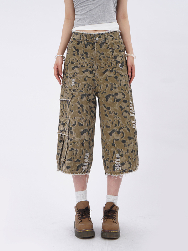 Capri hosszú egyenes nadrág, pamut, kopott leopárd mintázat, kőmosott, mikroelasztikus, nyár