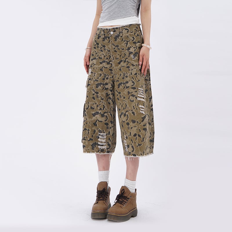 Capri hosszú egyenes nadrág, pamut, kopott leopárd mintázat, kőmosott, mikroelasztikus, nyár