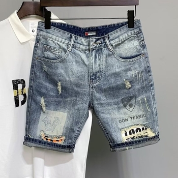 Muške traper šorceve – poderane, grafiti tintom, Slim-fit ravni kroj, korejski stil, 70% pamuka