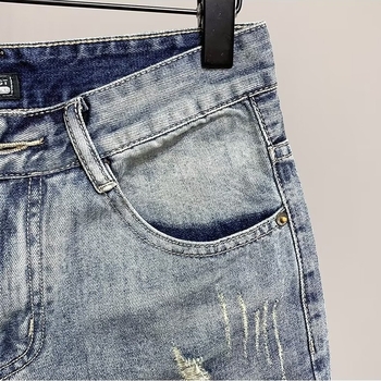 Muške traper šorceve – poderane, grafiti tintom, Slim-fit ravni kroj, korejski stil, 70% pamuka