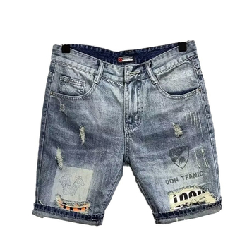 Muške traper šorceve – poderane, grafiti tintom, Slim-fit ravni kroj, korejski stil, 70% pamuka