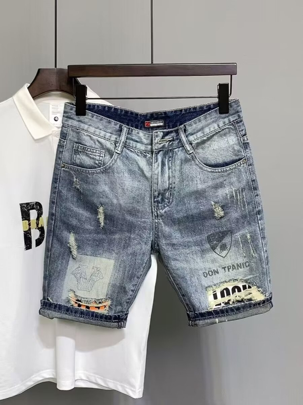 Muške traper šorceve – poderane, grafiti tintom, Slim-fit ravni kroj, korejski stil, 70% pamuka