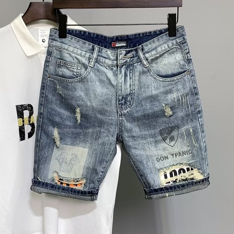 Muške traper šorceve – poderane, grafiti tintom, Slim-fit ravni kroj, korejski stil, 70% pamuka