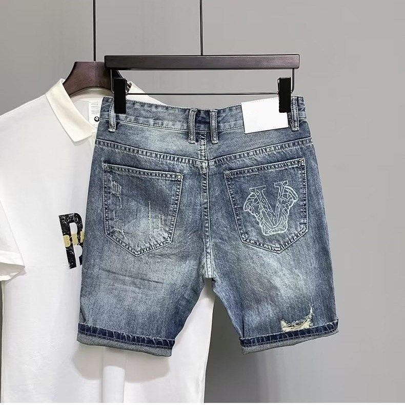 Muške traper šorceve – poderane, grafiti tintom, Slim-fit ravni kroj, korejski stil, 70% pamuka