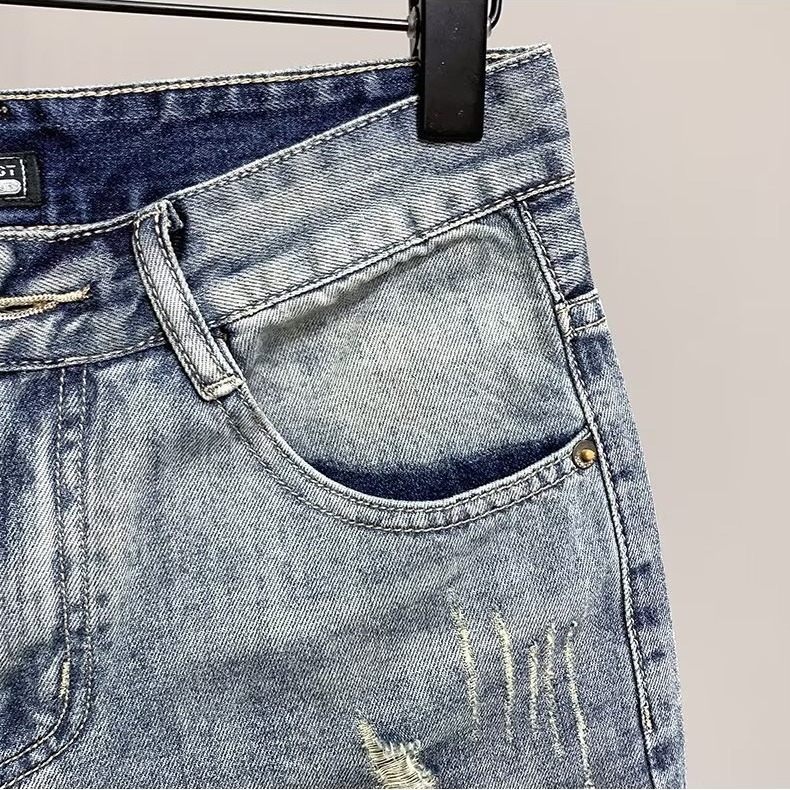 Muške traper šorceve – poderane, grafiti tintom, Slim-fit ravni kroj, korejski stil, 70% pamuka