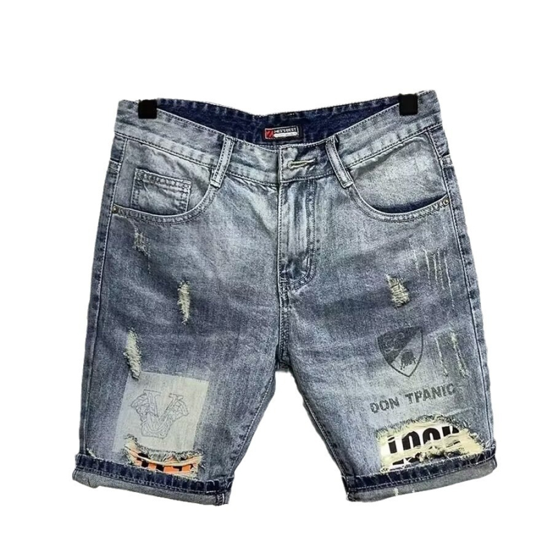 Muške traper šorceve – poderane, grafiti tintom, Slim-fit ravni kroj, korejski stil, 70% pamuka