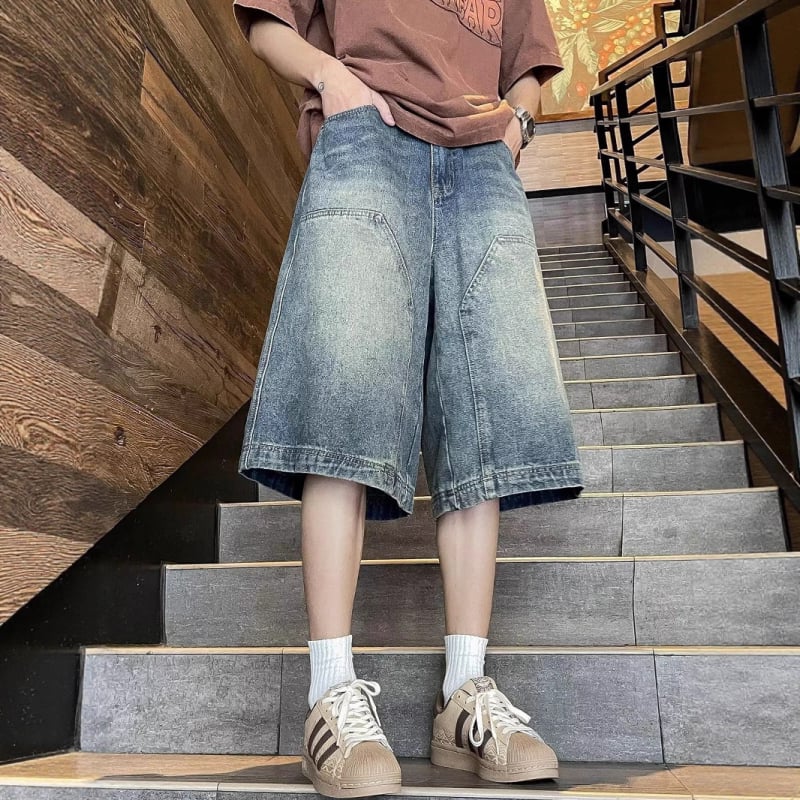 Muške ljetne isprane kratke hlače s ravnim krojem, pamuk, 2025, high street stil