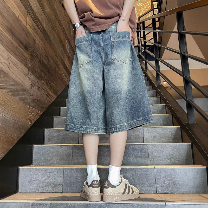 Muške ljetne isprane kratke hlače s ravnim krojem, pamuk, 2025, high street stil