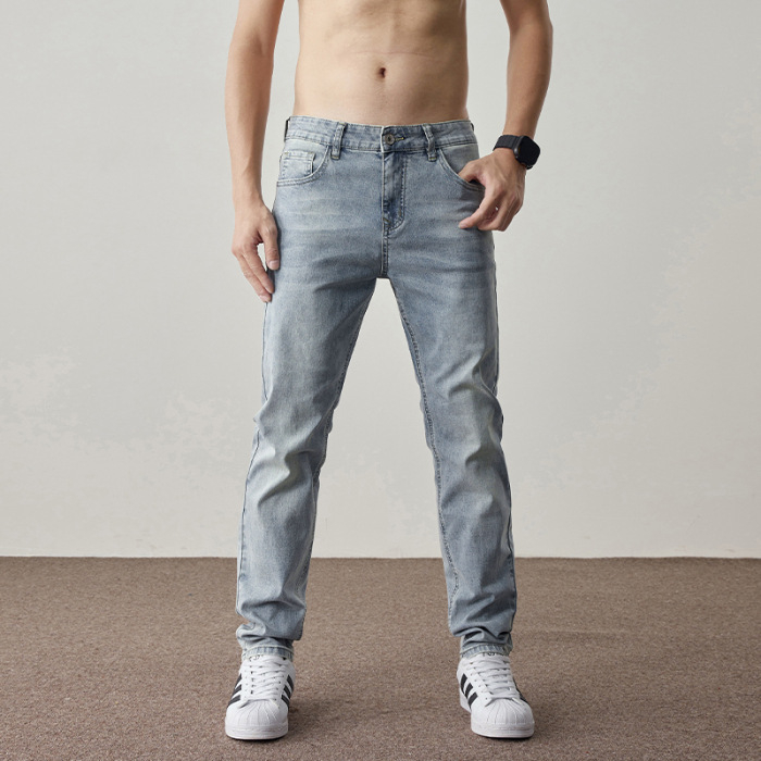 Muške traperice – korejski stil, prav kroj, visoka elastičnost, prednji zip, tkanina pamuk-modal