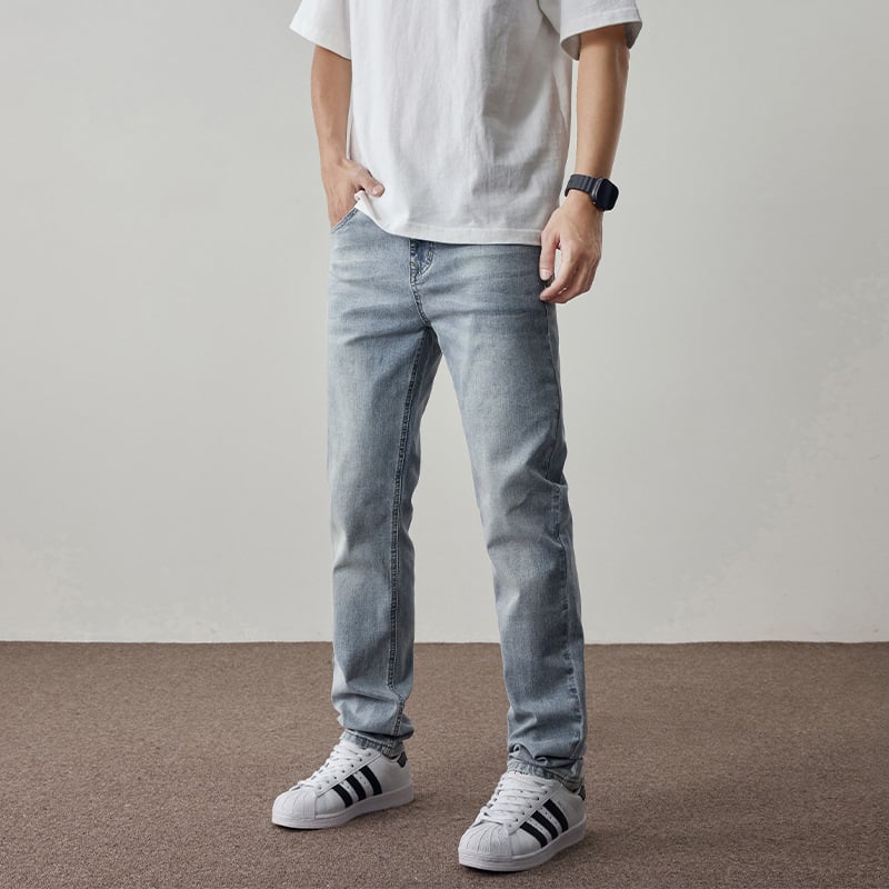 Muške traperice – korejski stil, prav kroj, visoka elastičnost, prednji zip, tkanina pamuk-modal