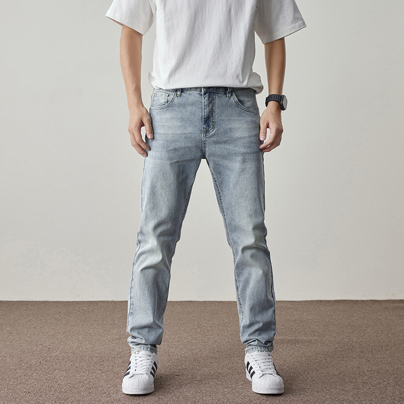 Muške traperice – korejski stil, prav kroj, visoka elastičnost, prednji zip, tkanina pamuk-modal