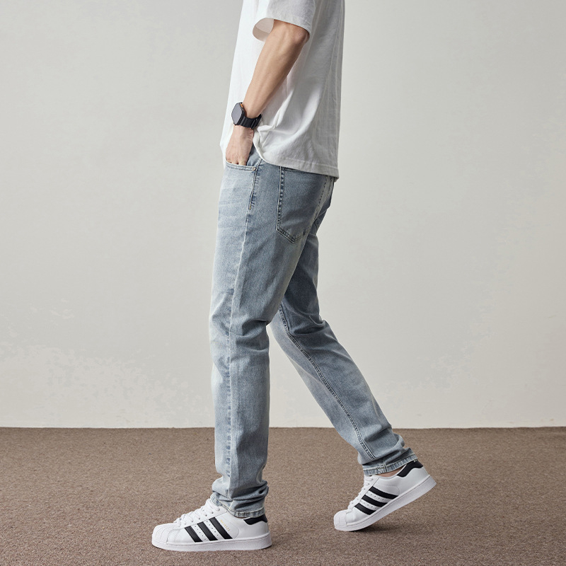 Muške traperice – korejski stil, prav kroj, visoka elastičnost, prednji zip, tkanina pamuk-modal