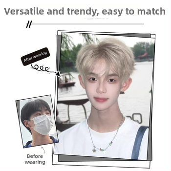 Περούκα ανδρών με κοντό ίσιο μαλλί, ίνες υψηλής θερμοκρασίας, πλήρης κάλυψη κεφαλιού, καθολική εφαρμογή, μηχανική επεξεργασία