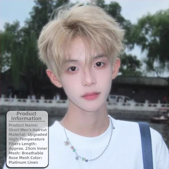 Περούκα ανδρών με κοντό ίσιο μαλλί, ίνες υψηλής θερμοκρασίας, πλήρης κάλυψη κεφαλιού, καθολική εφαρμογή, μηχανική επεξεργασία