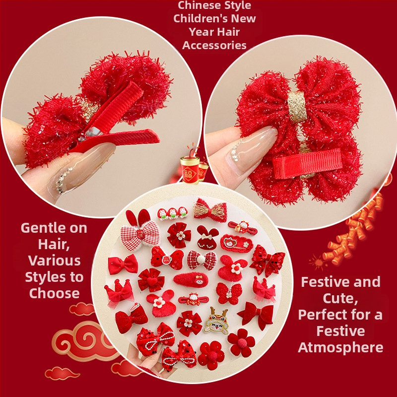 Clips de păr pentru copii – stil etnic de Anul Nou, lucrat manual; material: aliaj și țesătură; tip: clemă; potrivit pentru copii