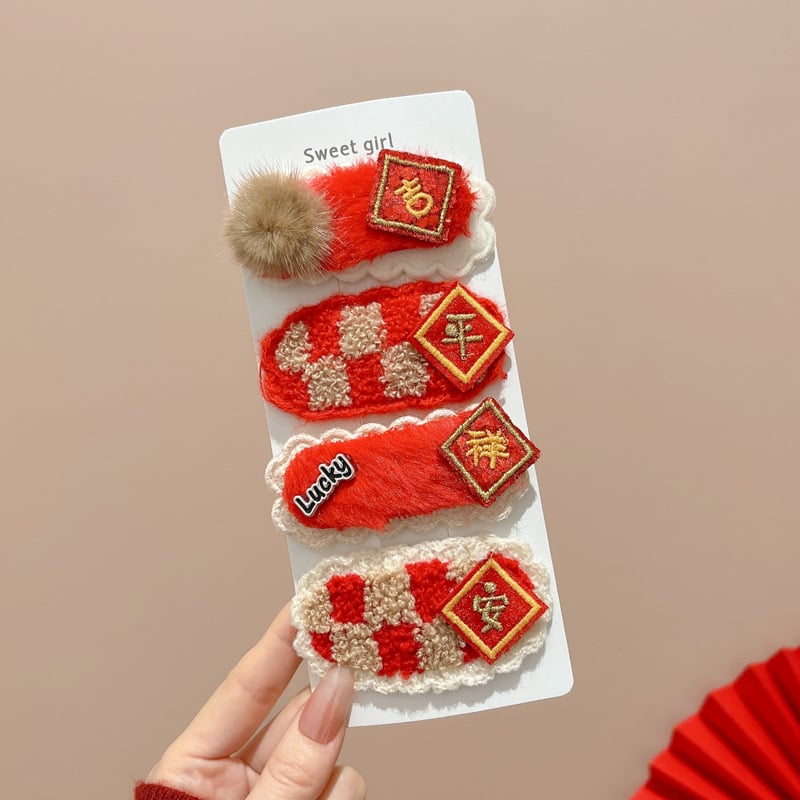 Clips de păr pentru copii – stil etnic de Anul Nou, lucrat manual; material: aliaj și țesătură; tip: clemă; potrivit pentru copii