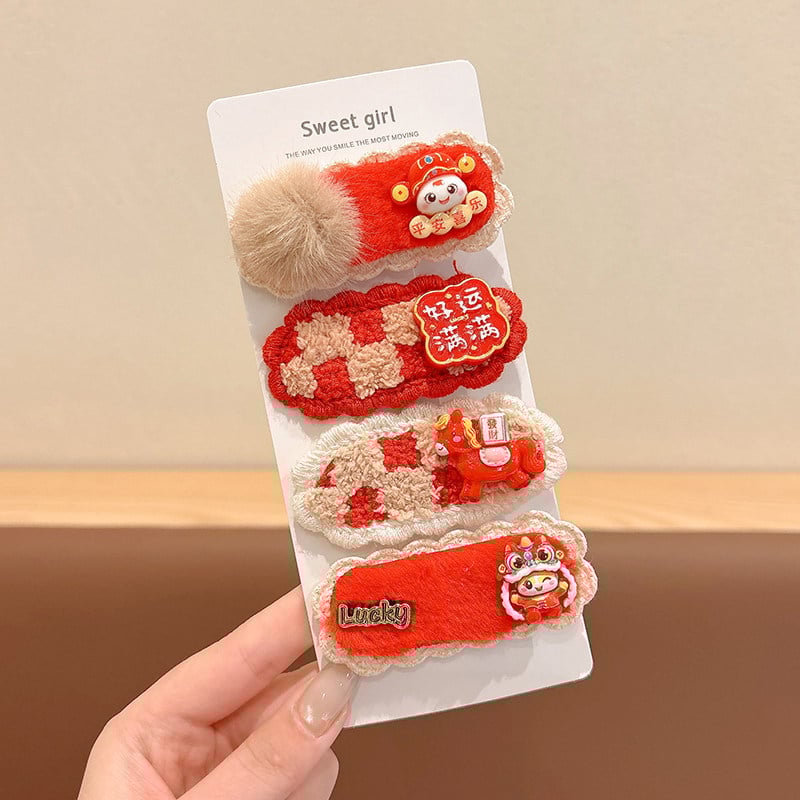 Clips de păr pentru copii – stil etnic de Anul Nou, lucrat manual; material: aliaj și țesătură; tip: clemă; potrivit pentru copii