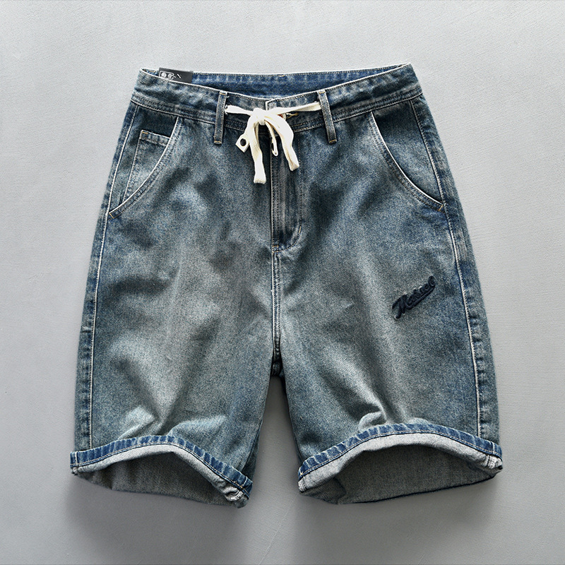 G7148 Muške traper šortice, retro isprane, ravni kroj, srednji pojas, zatvarač, 57,9% pamuka