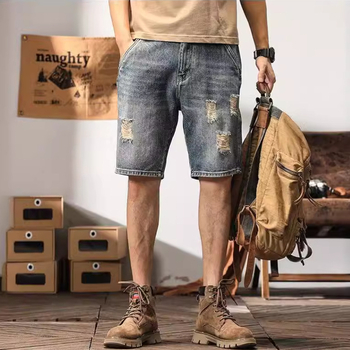 Muške pamučne traper šorceve, slobodan kroj, duljina pettočaka, ljeto, casual