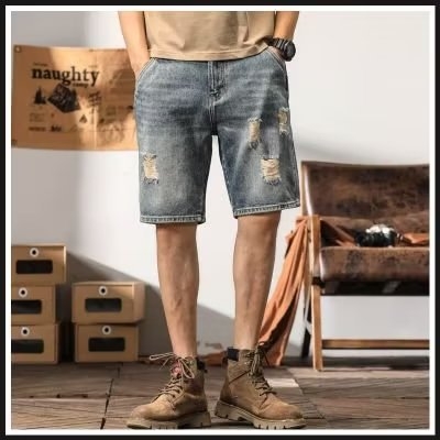Muške pamučne traper šorceve, slobodan kroj, duljina pettočaka, ljeto, casual